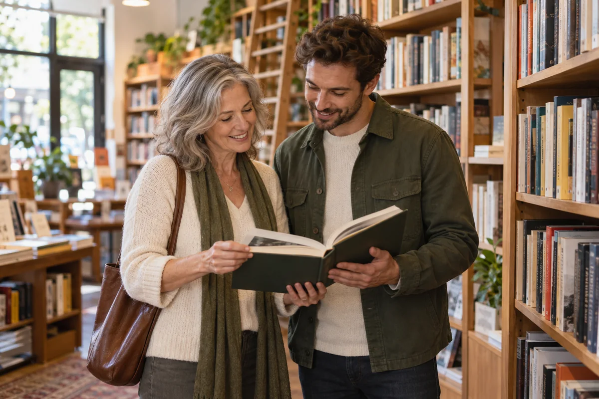Two friends browsing books in a neighborhood bookstore